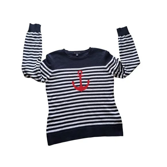 Brooks Brothers Nautical Black & White Striped Sweater Red Anchor Womens Med - Picture 1 of 10